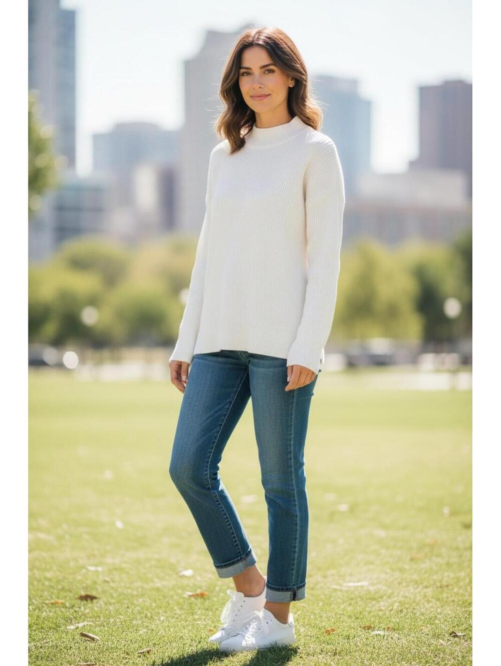 Karen Scott White Ribbed Mock Neck Sweater, Size Large